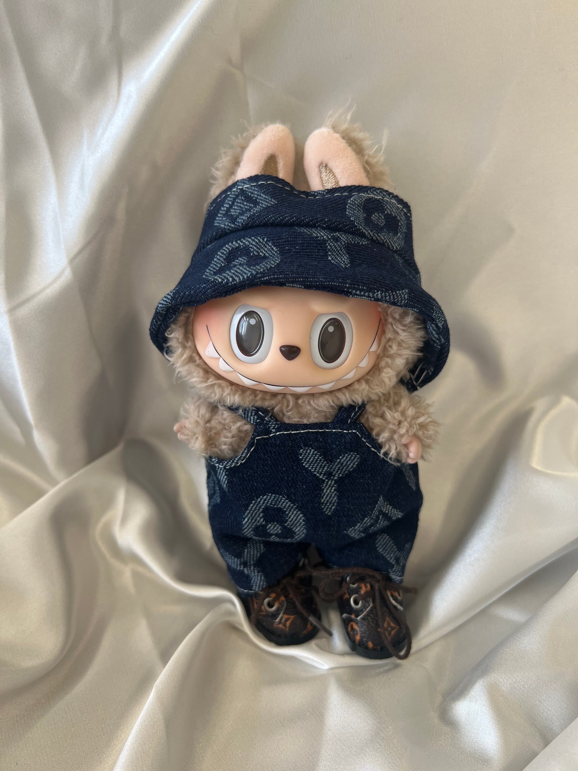 Labubu Navy Monogram Denim Set - Overalls & Fisherman Hat