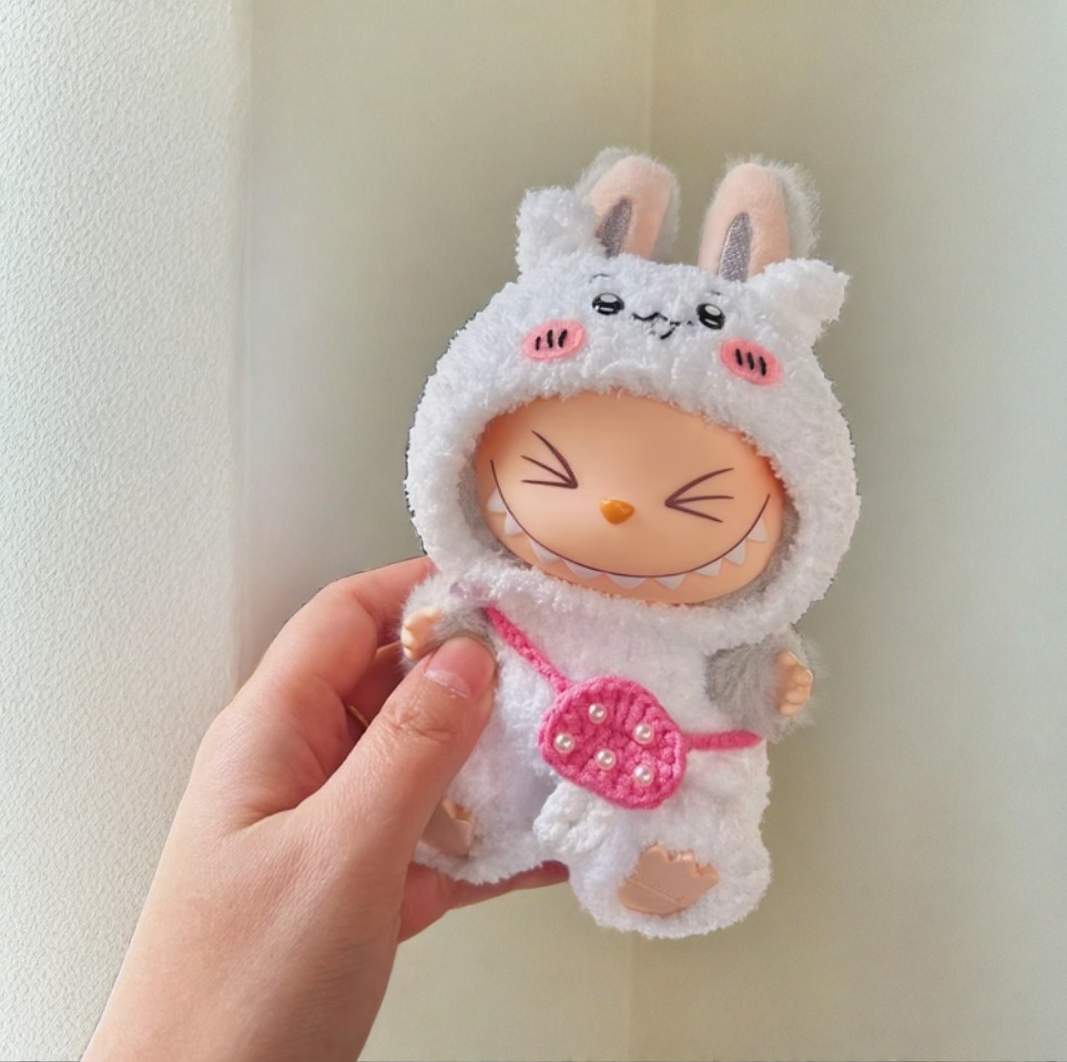 Labubu Chiikawa Set - White Character Costume with Pink Purse (17cm)