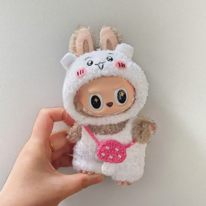 Labubu Chiikawa Set - White Character Costume with Pink Purse (17cm)