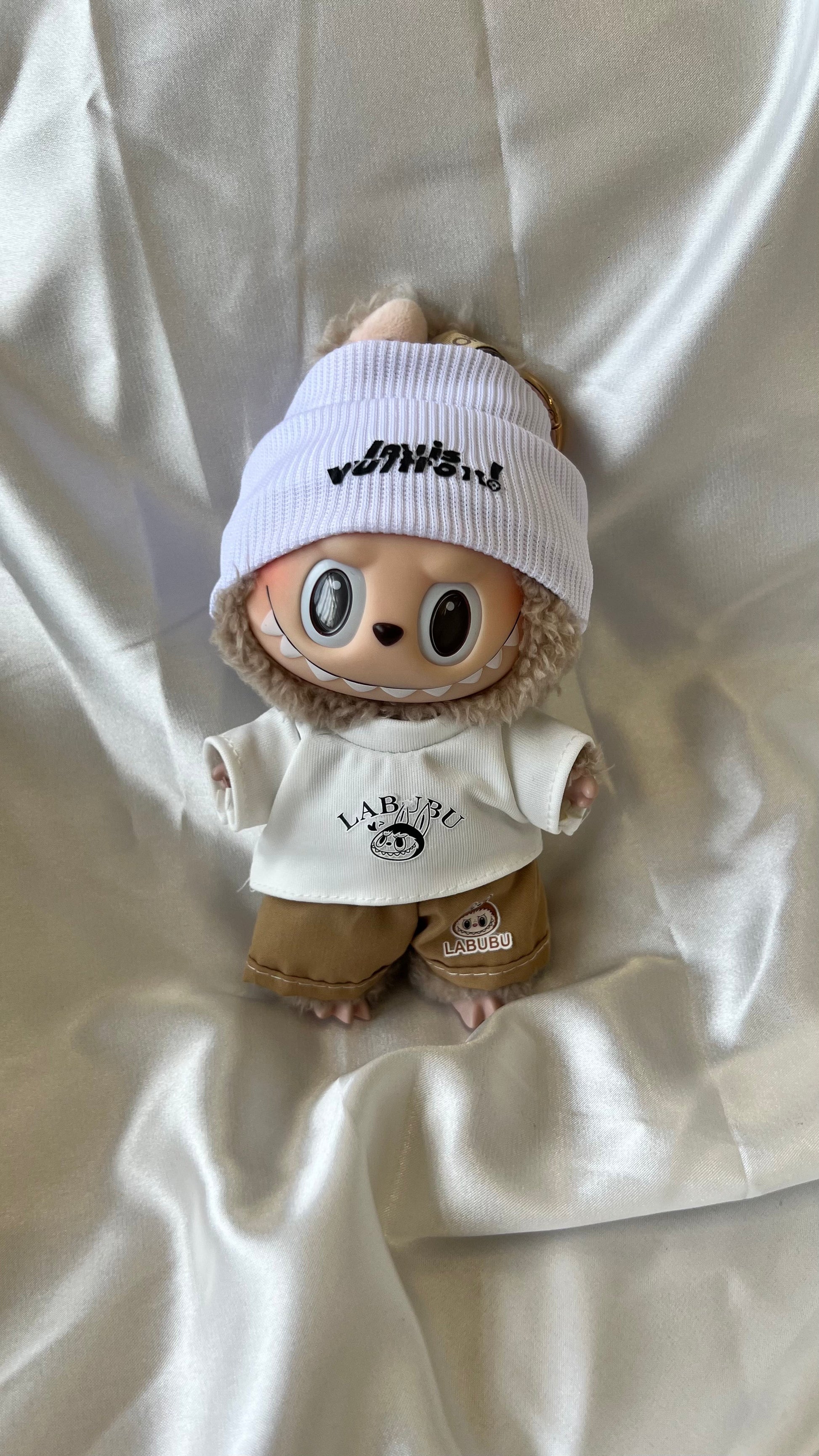 Labubu Casual Streetwear Set - White Beanie and Khaki Shorts