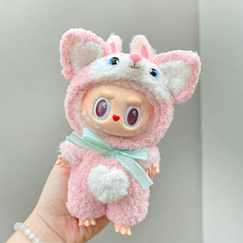 Labubu Cozy Hoodie Outfit Set - Pink with Blue Ribbon & Heart (17cm)