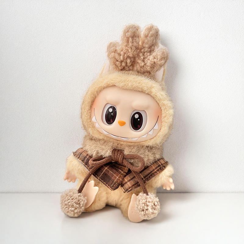 Labubu Cozy Reindeer Set - Beige Plush & Plaid Scarf Character Costume